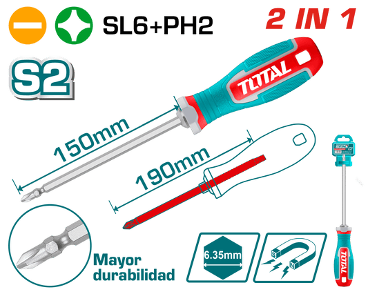 DESARMADOR 6.35X192MM 2 EN 1 S2  (PH2 + SL6) MAGNETICO