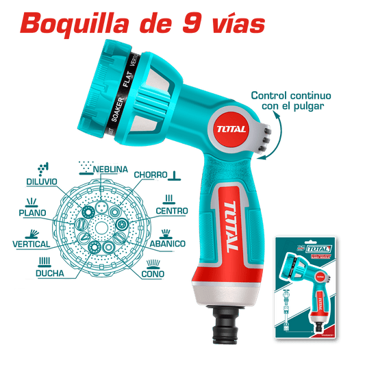 PISTOLA DE AGUA 9 PATRONES TPR AGARRE SUAVE CONTROL DE VELOCIDAD