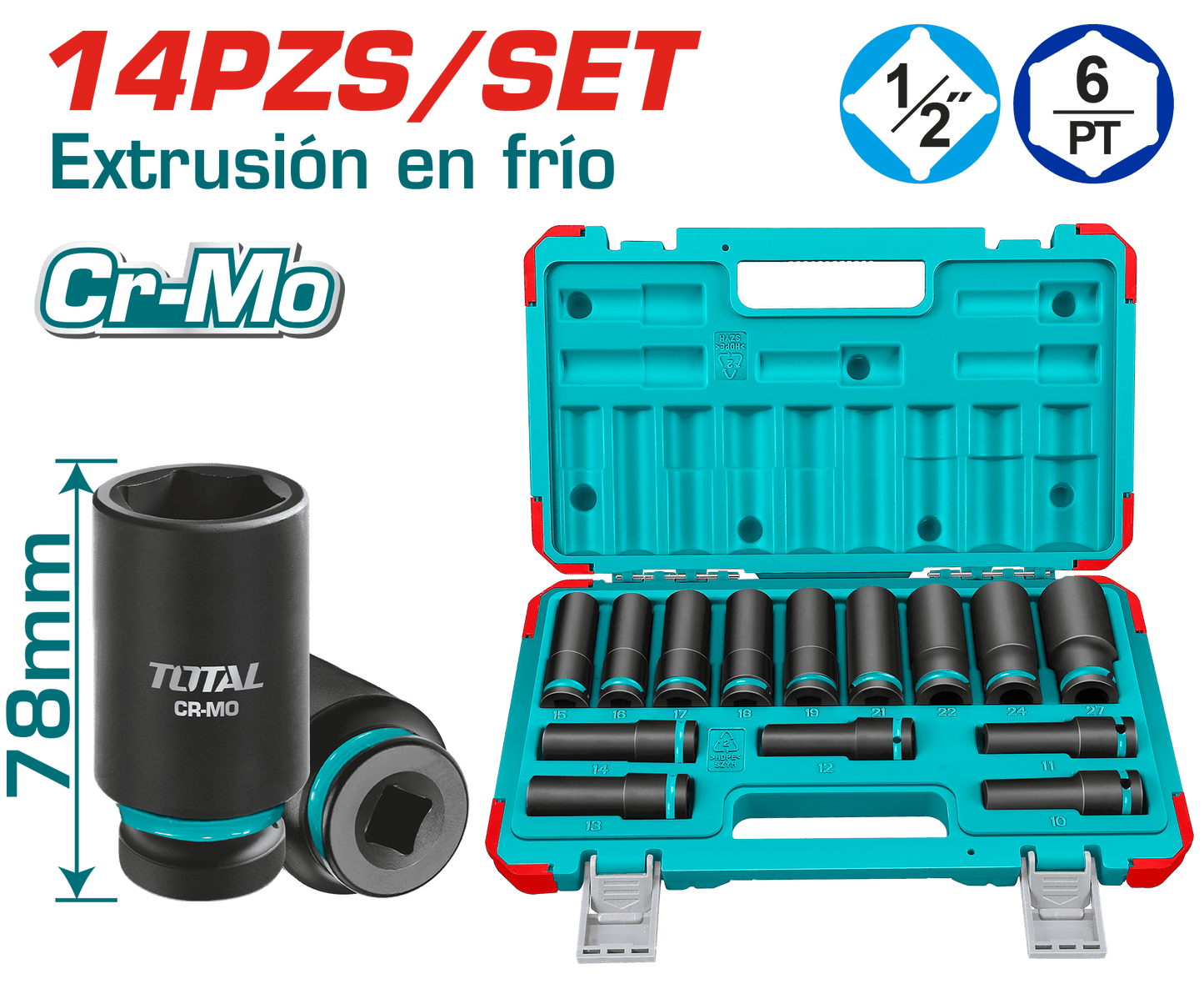 SET DADOS IMPACTO LARGO 1/2'' 10-27MM 14PCS CR-MO MALETIN INDUSTRIA