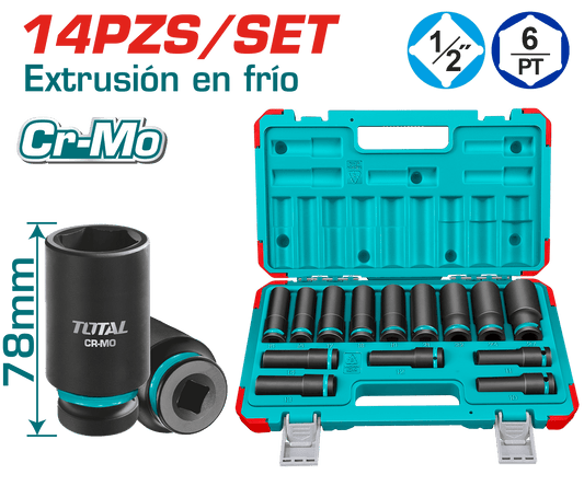 SET DADOS IMPACTO LARGO 1/2'' 10-27MM 14PCS CR-MO MALETIN INDUSTRIA