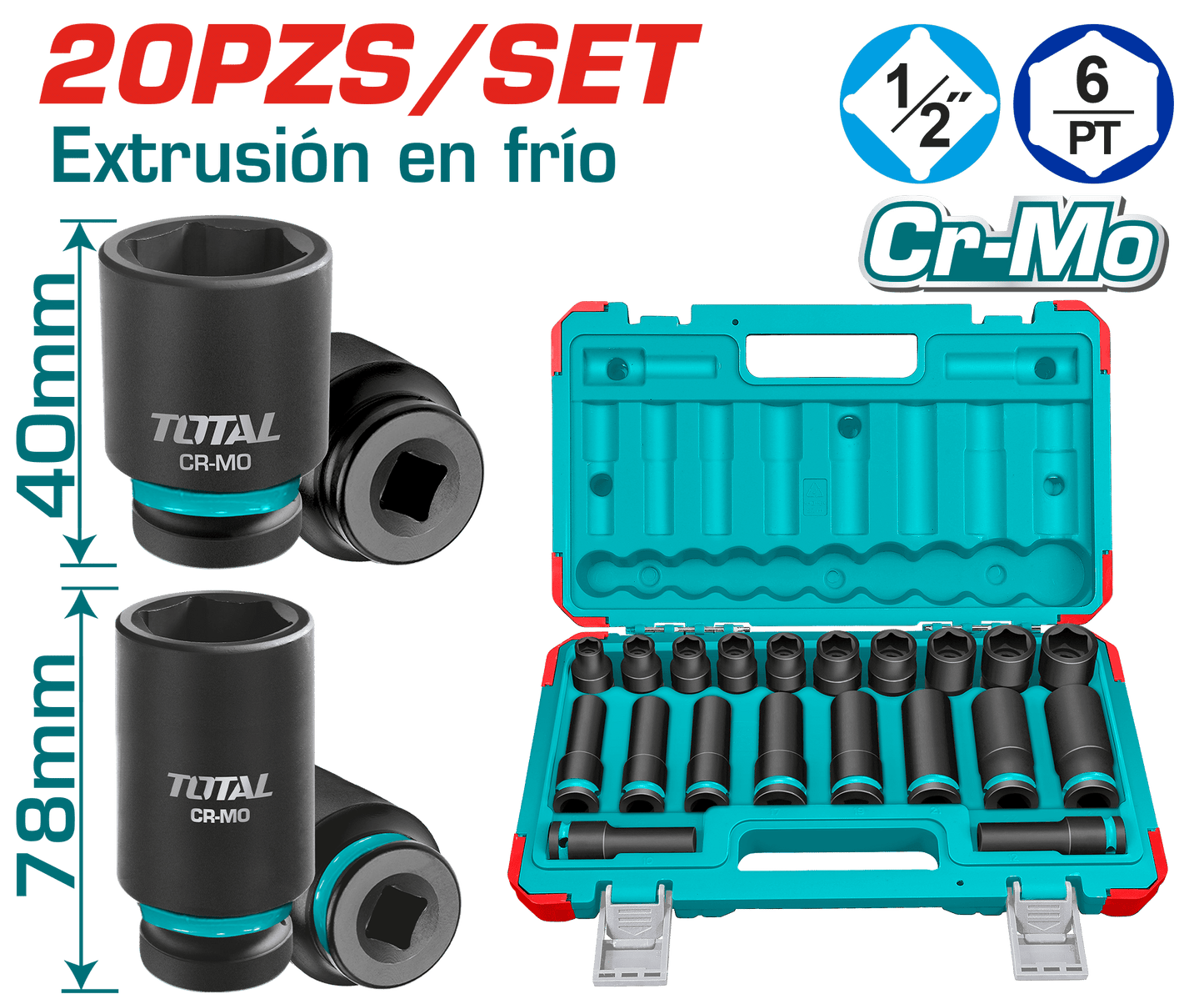 SET DADOS IMPACTO CORTO/LARGO 1/2'' 2X(10-24)MM 20PCS CR-MO MALETIN