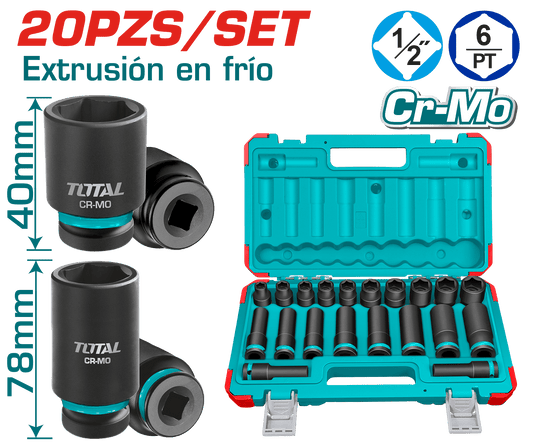 SET DADOS IMPACTO CORTO/LARGO 1/2'' 2X(10-24)MM 20PCS CR-MO MALETIN