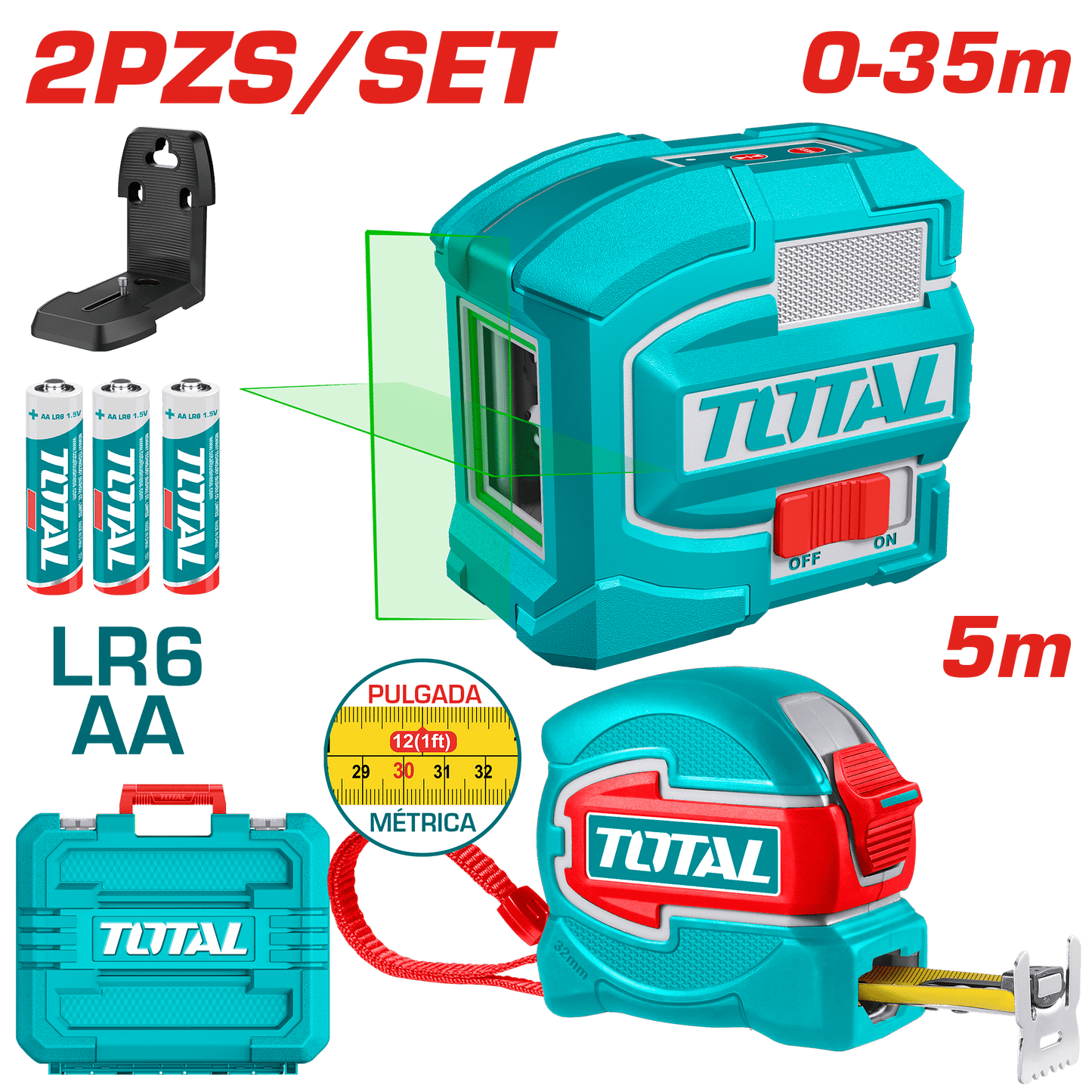 SET 2PCS CINTA METRICA 5M + NIVEL LASER 0-35M + ACC Y MALETIN INDUSTRIAL