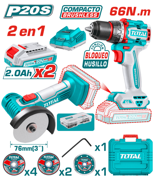 COMBO (2EN1) TALADRO 66NM + AMOLADORA 3'' 20V 2X2.0AH + ACC + MALETIN