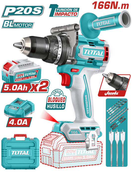 TALADRO PERCUTOR COMPACTO 20V 166NM 13MM 2X5.0AH BRUSHLESS MALETIN INDUSTRIAL