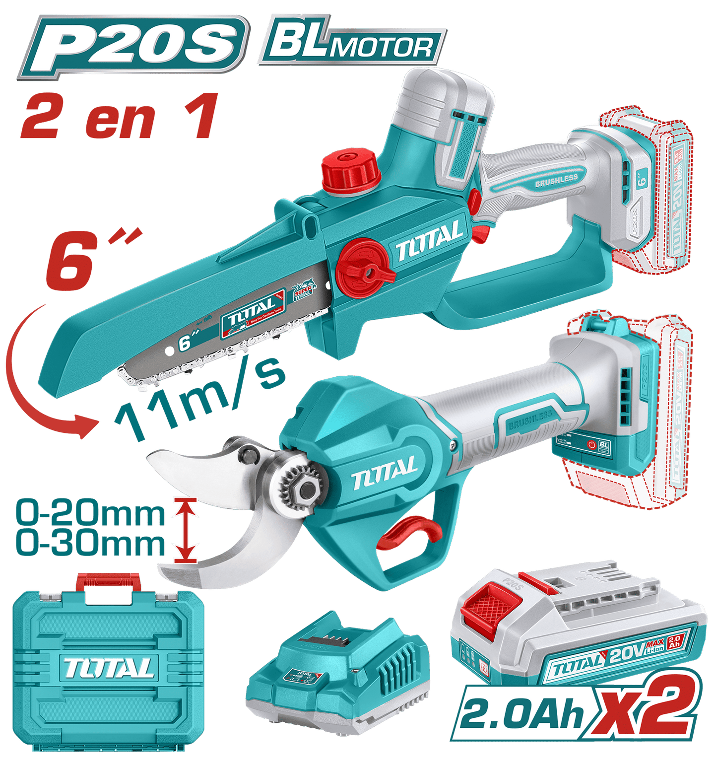 COMBO 2 EN 1 SIERRA CADENA 6'' + TIJERA PODAR 20V 2X2.0AH + MALETIN