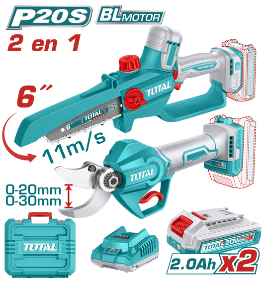 COMBO 2 EN 1 SIERRA CADENA 6'' + TIJERA PODAR 20V 2X2.0AH + MALETIN