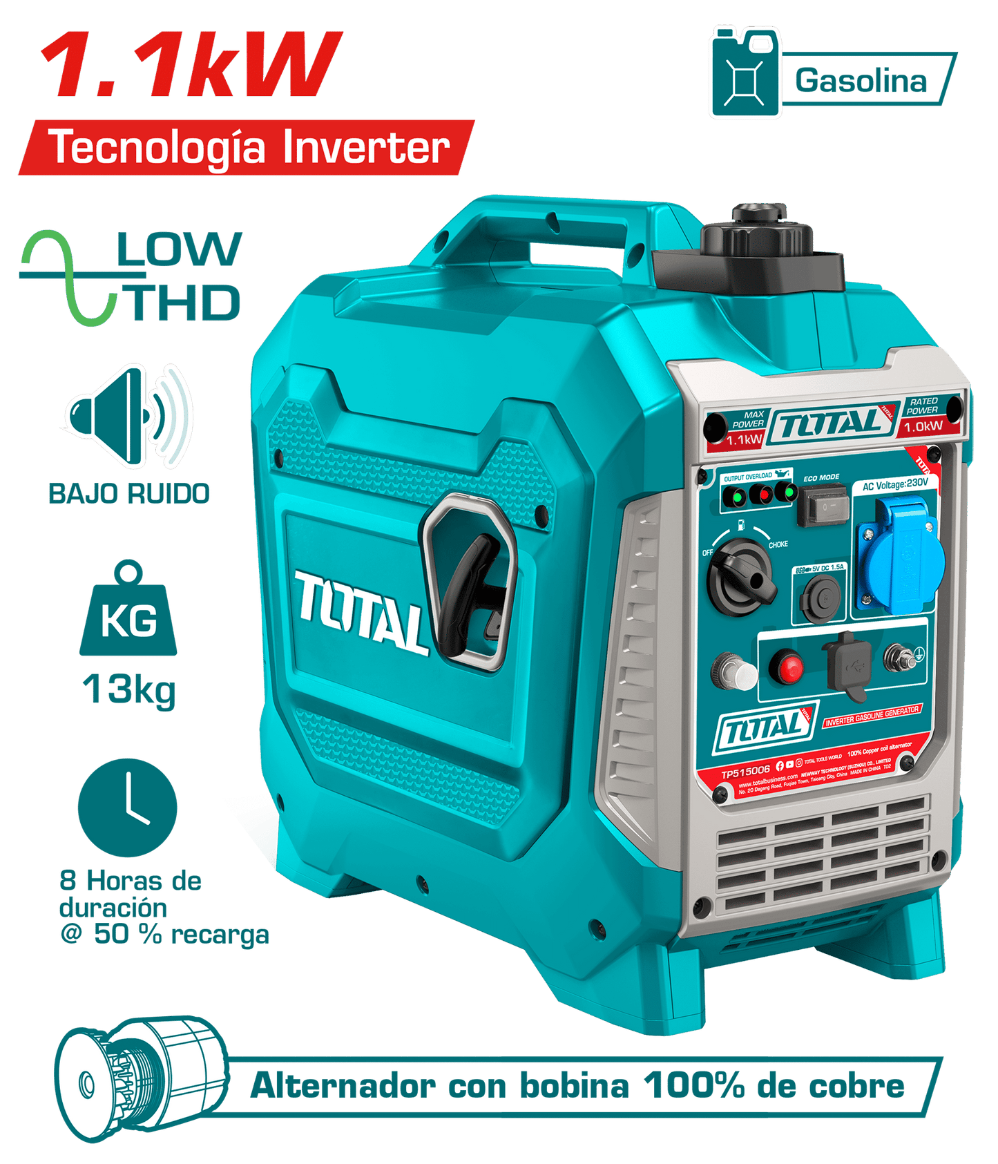 GENERADOR INVERTER 1.1KW GASOLINERO 4.3A TANQUE:3L MOTOR 56CC INDUSTR