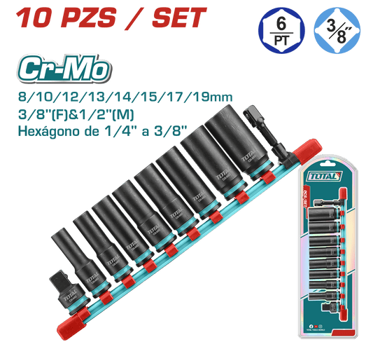 SET DADOS IMPACTO LARGO 3/8'' 8-19MM 10PCS CR-MO INC ACC INDUSTRIAL