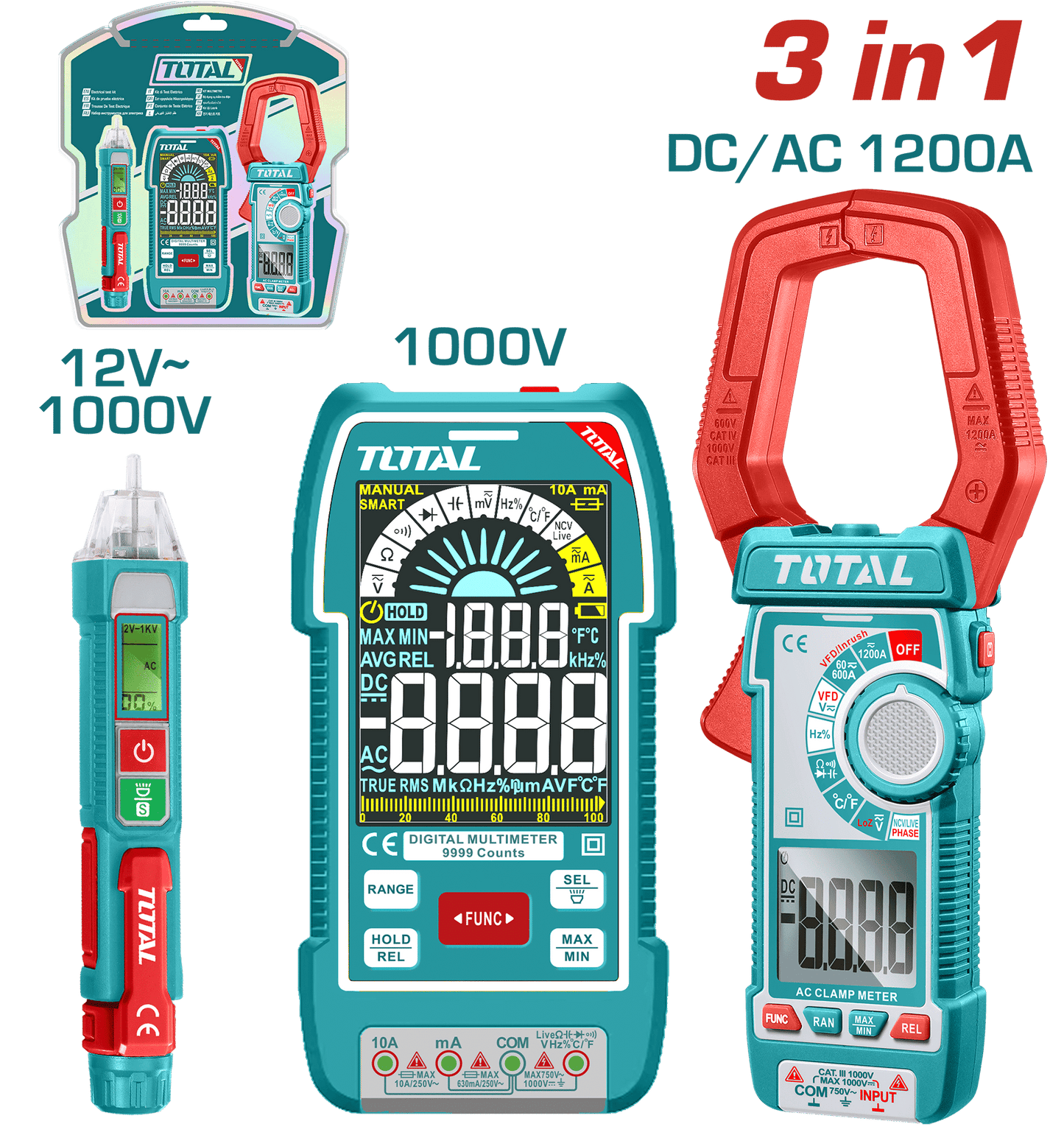 SET (3 EN 1) MULTITESTER + DETECTOR VOLTAJE + PINZA AMPERIMETRICA (ONE