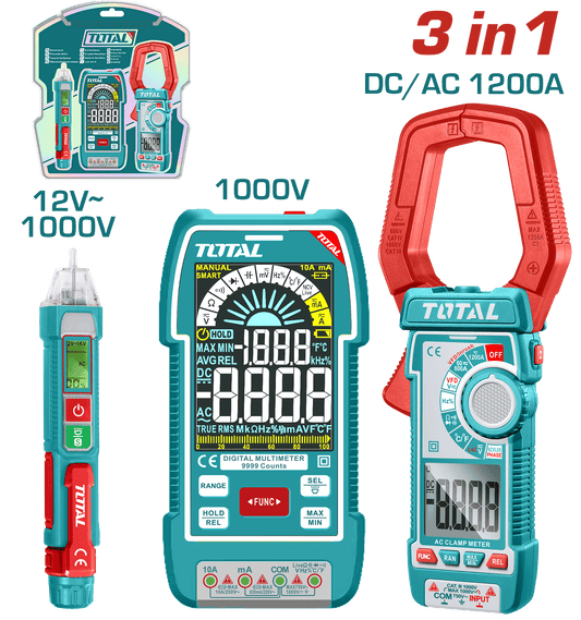 SET (3 EN 1) MULTITESTER + DETECTOR VOLTAJE + PINZA AMPERIMETRICA (ONE
