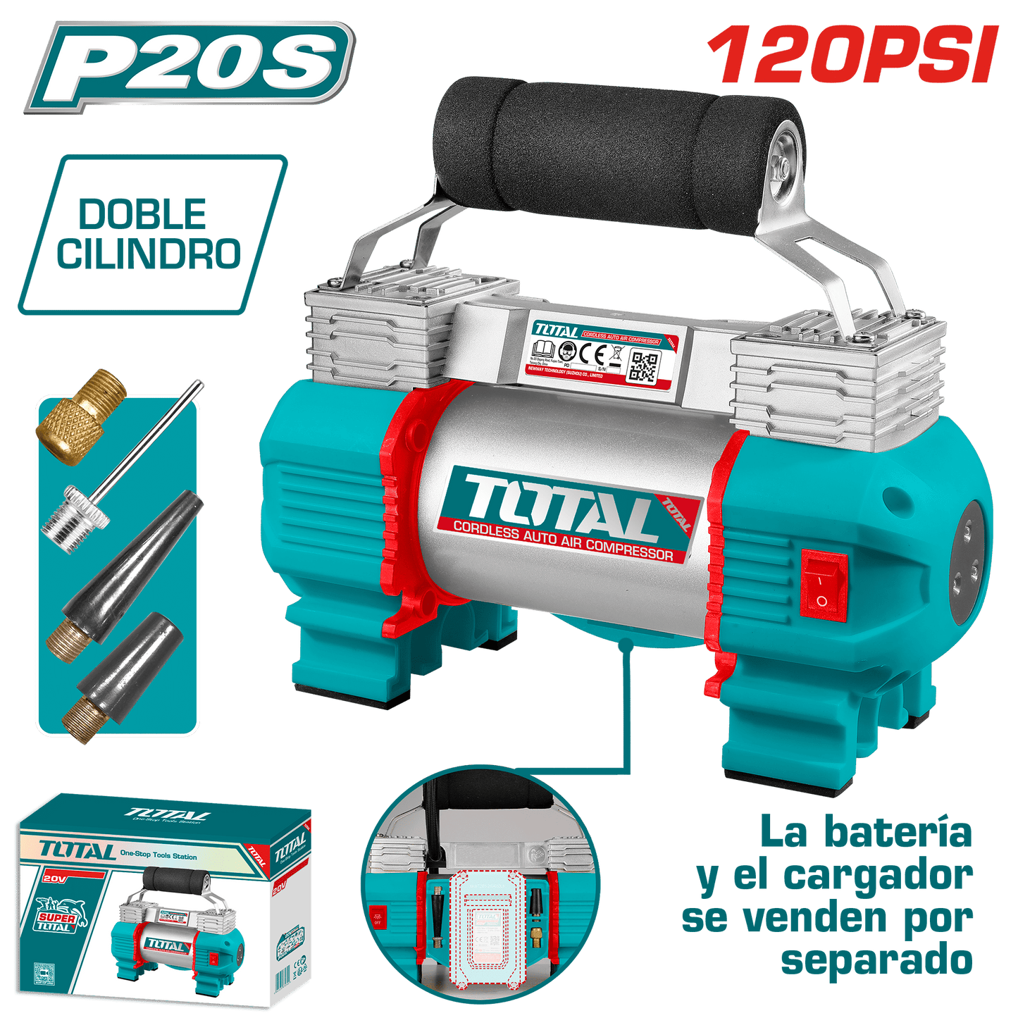 MINI COMPRESORA P/AUTO 20V DOBLE CILINDRO 120PSI 45L/MIN LED INDUSTRIA