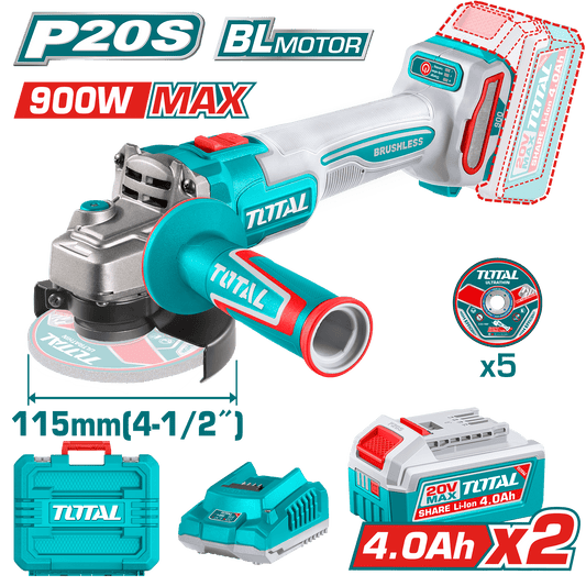 AMOLADORA 20V BRUSHLESS 3000-9000RPM 115MM M14 900W 2X4.0AH DISCO X5