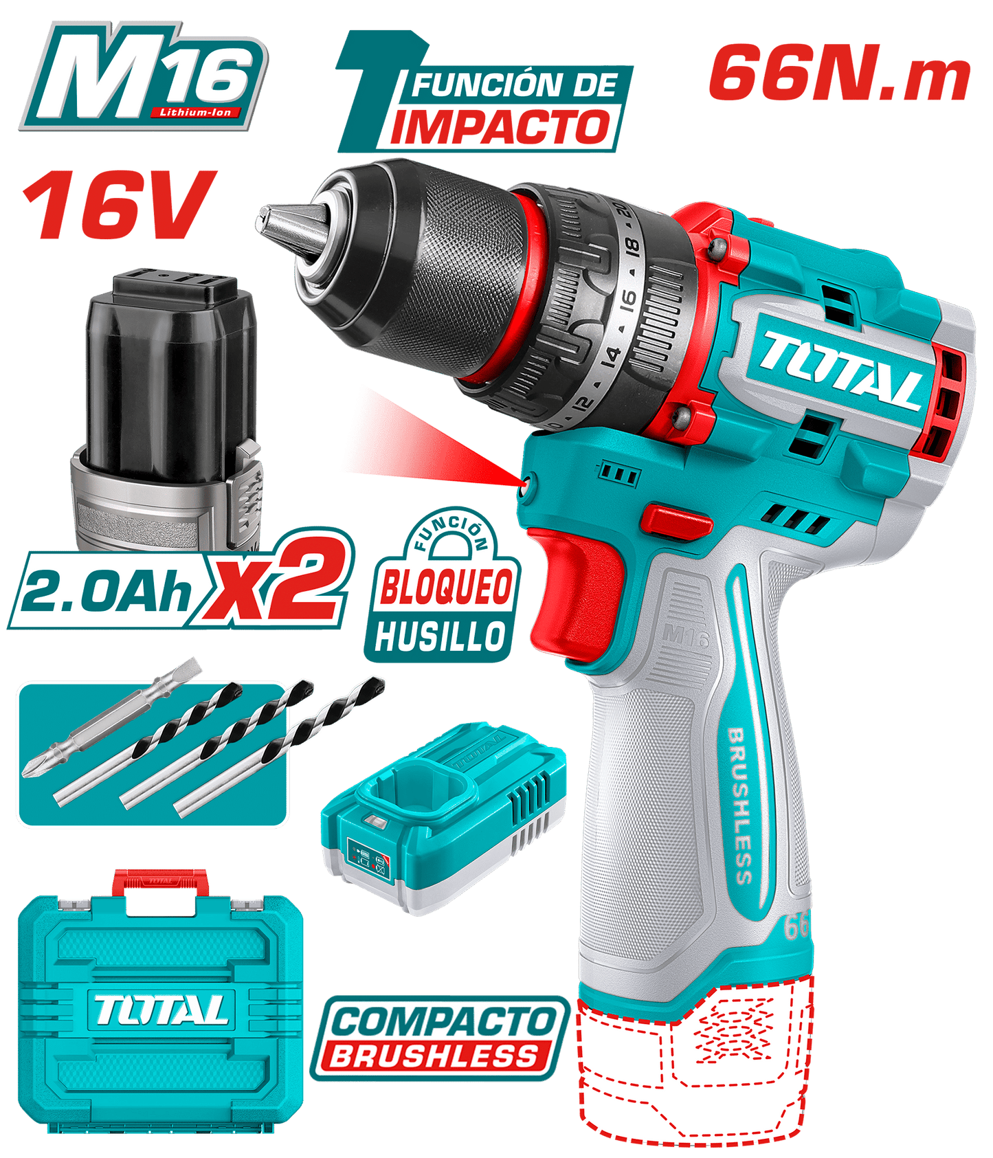 TALADRO PERCUTOR 20V BL 86NM 13MM 20+1+1 B:2X4.0AH +ACC MALETIN INDUSTRIAL