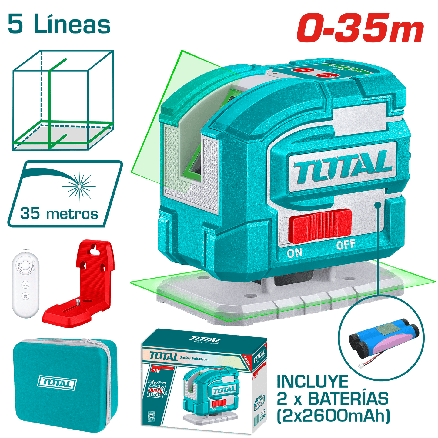 NIVEL LASER AUTOMATICO 0-35M 5 LINEAS PRECISION 1.5MM VERDE +ACC INDUS