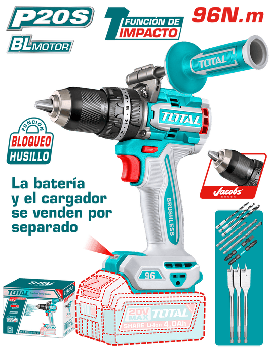 TALADRO PERCUTOR LI-ION 20V 96NM 13MM BRUSHLESS +ACC Y MANGO MALETIN