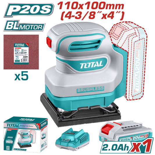 LIJADORA ORBITAL 20V BRUSHLESS 12000RPM 110X100MM 1X2.0AH + ACC INDU