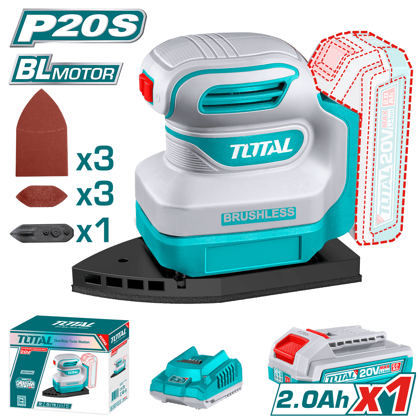LIJADORA PALMA 20V BRUSHLESS 12000RPM 1X2.0AH + ACC INDUSTRIAL