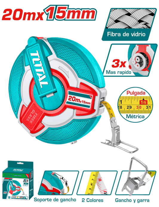 CINTA METRICA FIBRA DE VIDRIO 20M X 12.5MM + GANCHO VELOCIDADX3 INDUST