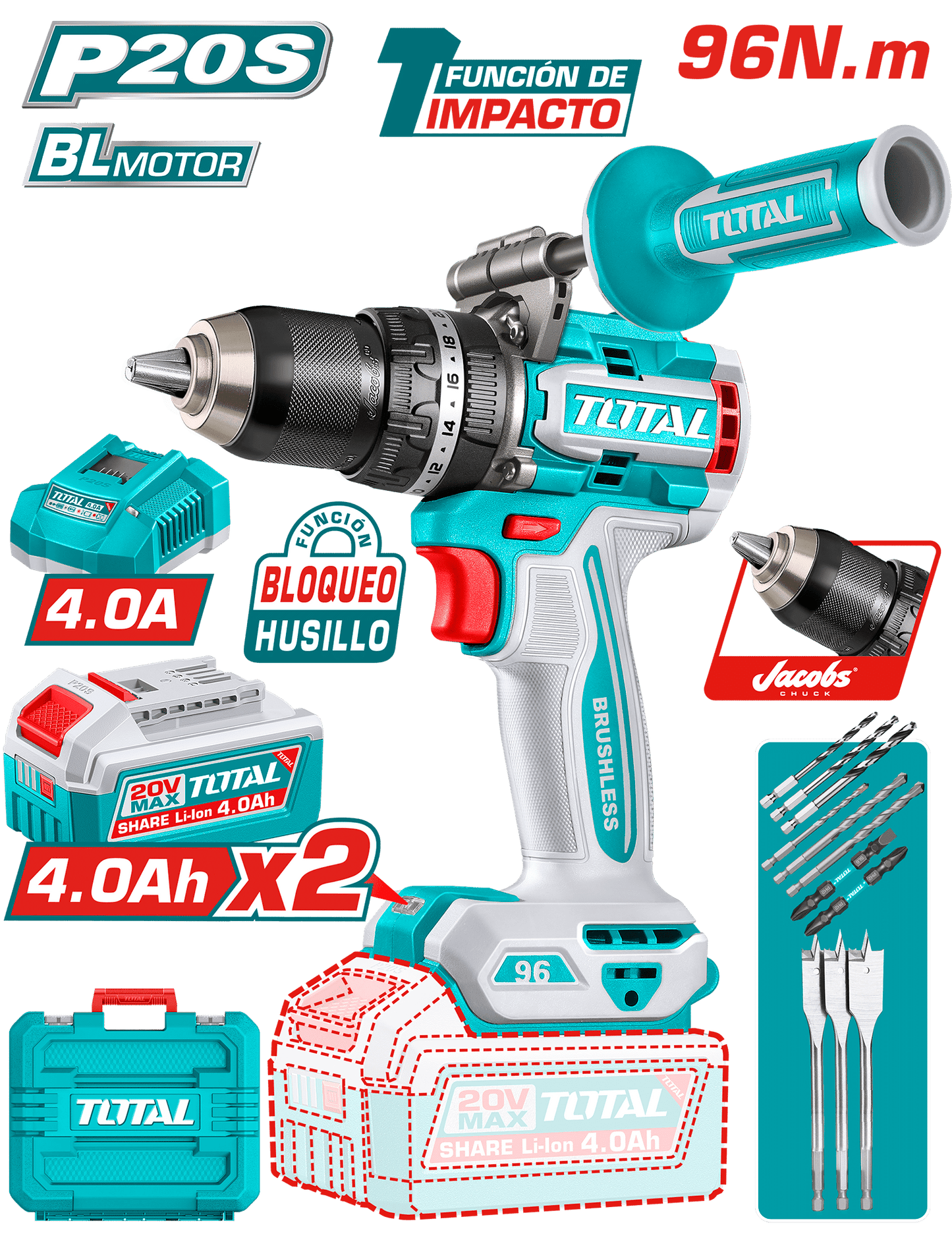 TALADRO PERCUTOR LI-ION 20V 96NM 13MM 2x4.0AH BRUSHLESS +ACC Y MANGO