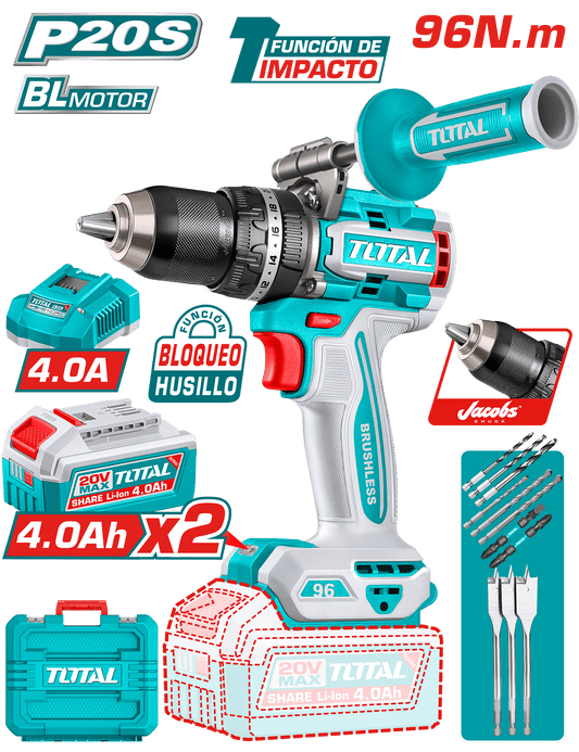 TALADRO PERCUTOR LI-ION 20V 96NM 13MM 2x4.0AH BRUSHLESS +ACC Y MANGO
