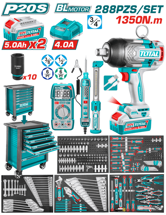 SET GABINETE 7 CAJONES + HERRAMIENTAS + LLAVE IMPACTO 20V 1350NM 288
