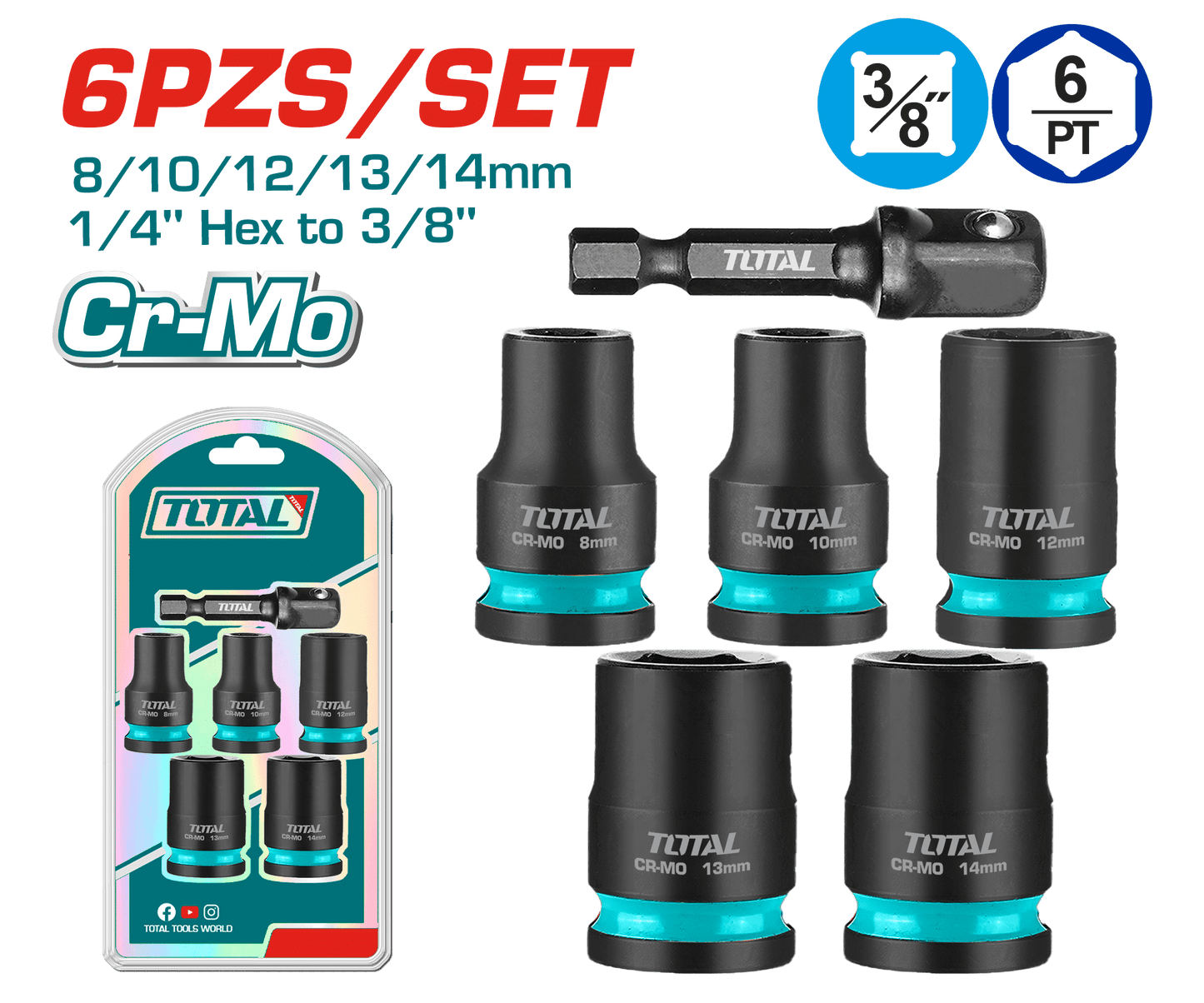 SET DADOS IMPACTO CORTO 6PCS CR-MO 8/10/12/13/14 + ADAPTADOR 1/4 HEX