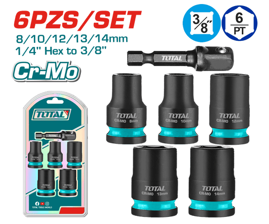 SET DADOS IMPACTO CORTO 6PCS CR-MO 8/10/12/13/14 + ADAPTADOR 1/4 HEX