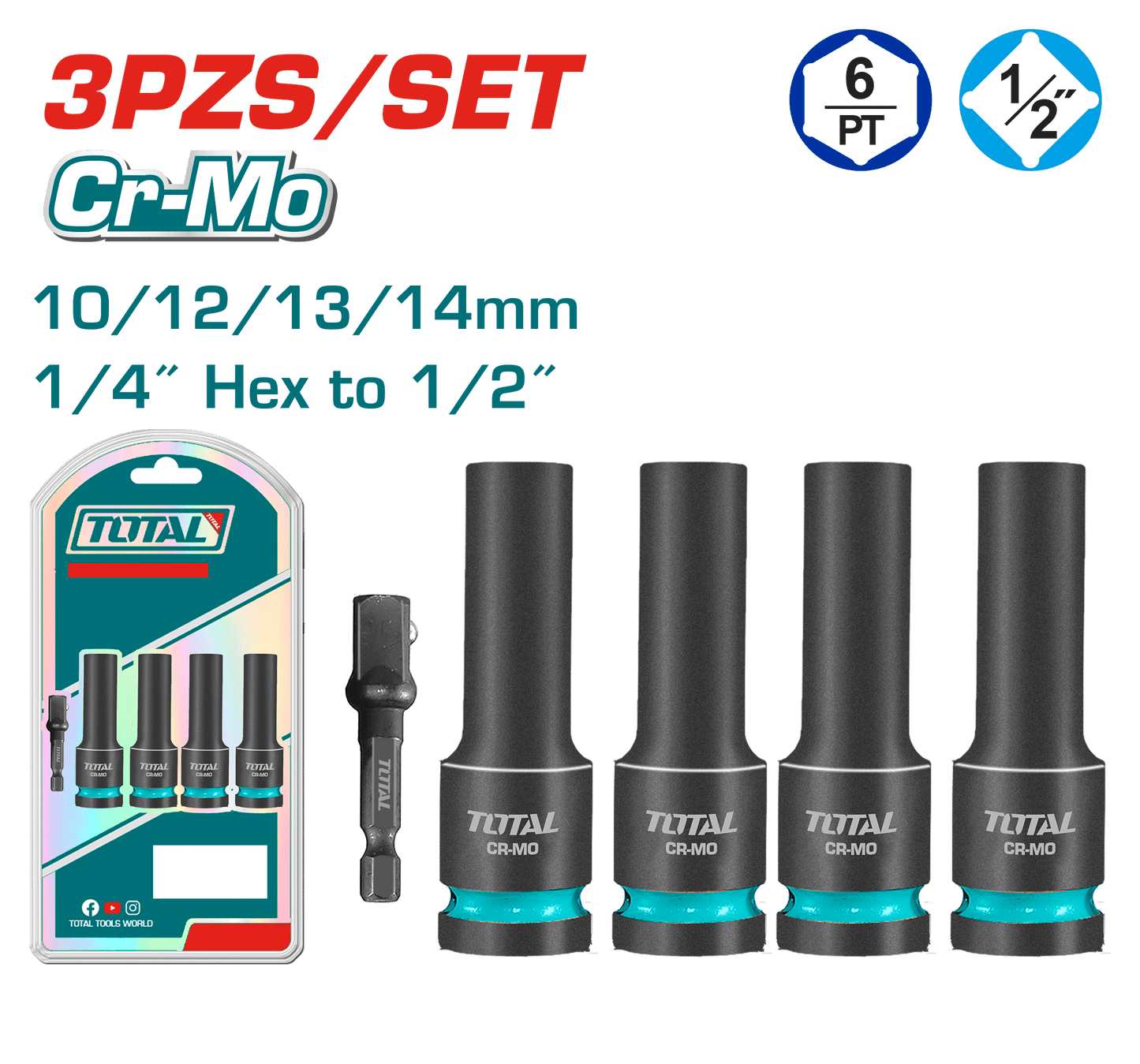 SET DADOS IMPACTO LARGOS 5PCS CR-MO 10/12/13/14 + ADAPTADOR 1/4 HEX