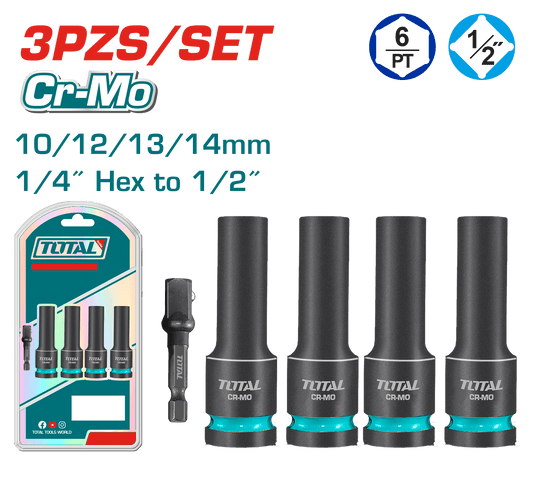 SET DADOS IMPACTO LARGOS 5PCS CR-MO 10/12/13/14 + ADAPTADOR 1/4 HEX