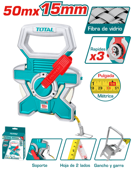 CINTA METRICA FIBRA DE VIDRIO 50M X 12.5MM + GANCHO VELOCIDADX3 INDUST