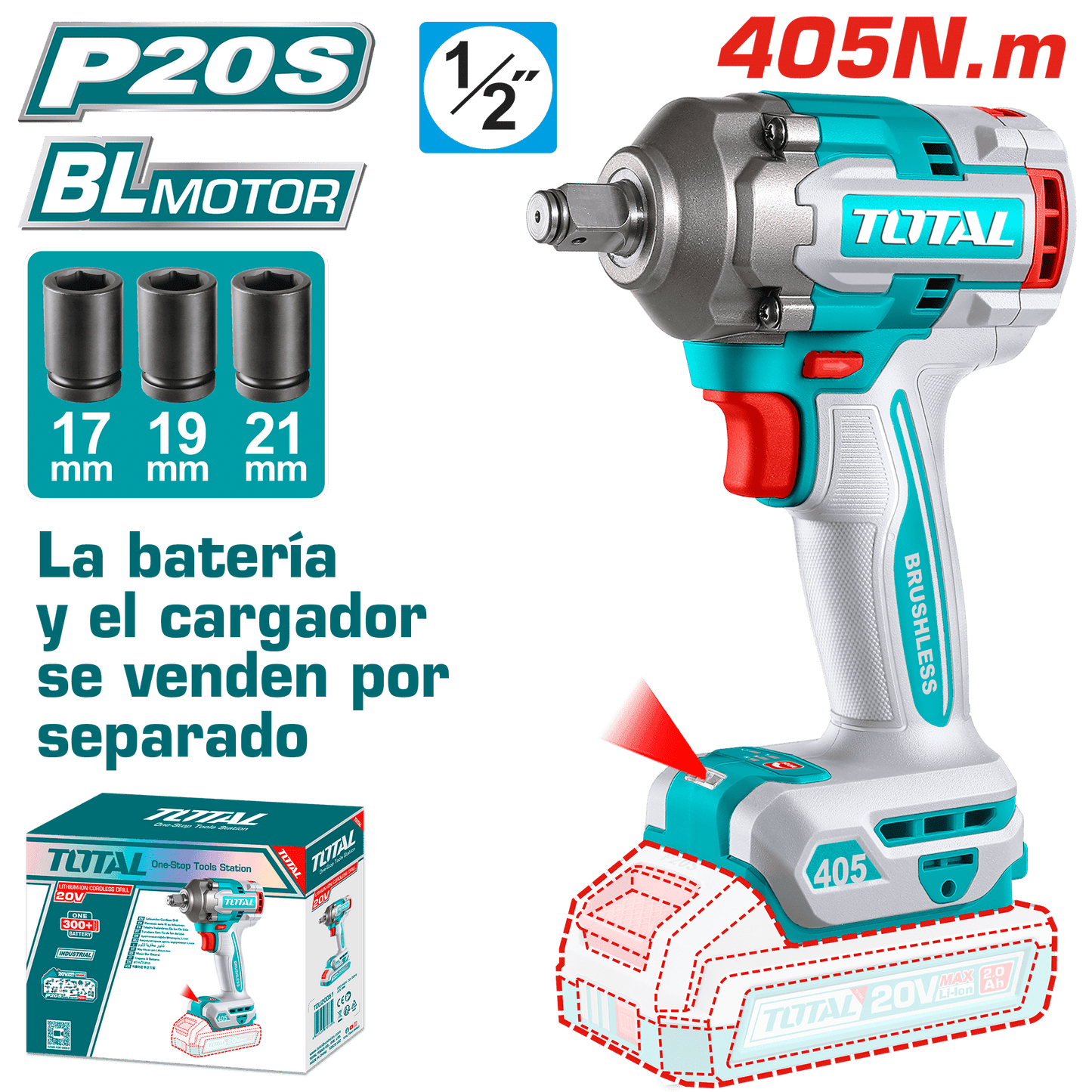 LLAVE IMPACTO BL 20V 405NM 1/2'' 0-3000BPM MALETIN + ACC INDUSTRIAL