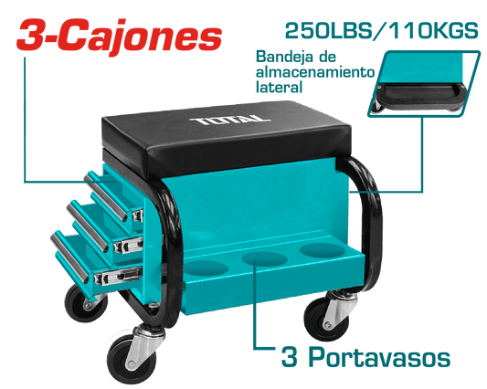 ASIENTO CON RUEDAS 3 CAJONES + 3 PORTA OBJETOS 250LBS INDUSTRIAL