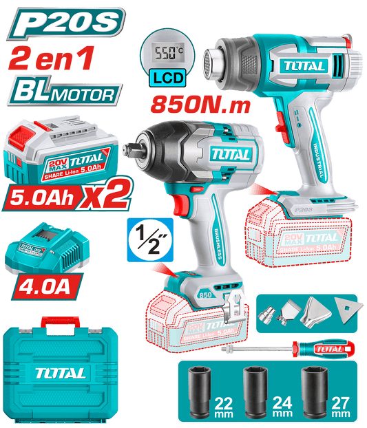 COMBO 2 EN 1 20V PISTOLA CALOR + LLAVE IMPACTO 850NM 2X5.0AH MALETIN + ACC INDUSTRIAL