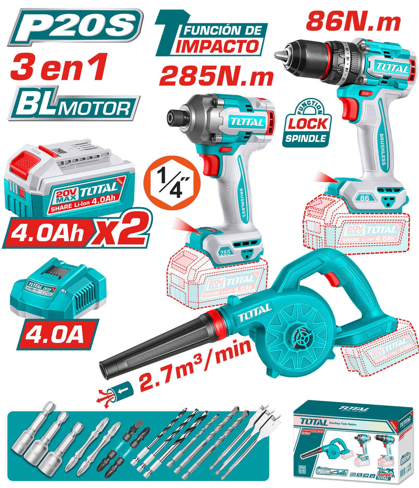 COMBO 3 EN 1 TALADRO IMP. 86NM + LLAVE 285NM + SOPLADOR 2X4.0AH + ACC INDUSTRIAL