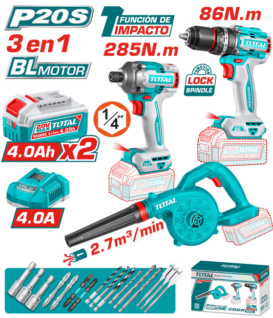 COMBO 3 EN 1 TALADRO IMP. 86NM + LLAVE 285NM + SOPLADOR 2X4.0AH + ACC INDUSTRIAL