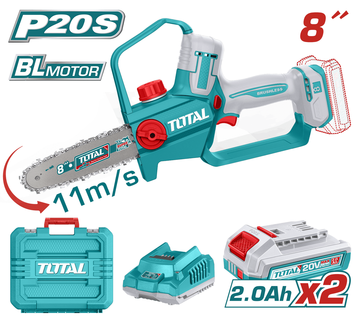 SIERRA DE CADENA LI-ION 20V 8'' 20CM 11M/S 2X2.0AH + ACC INDUSTRIAL